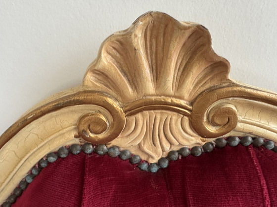Image 1 of Antique Baroque Chaise Longue / Telephone Bench – Red Velvet & Wood