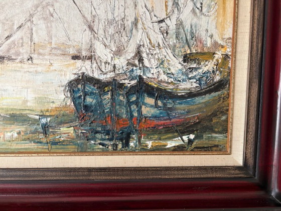 Characteristic Mid-Century modern harbor view. Oil on canvas (impasto) – Paintings & Drawings, Wood (photo 9 of 11)