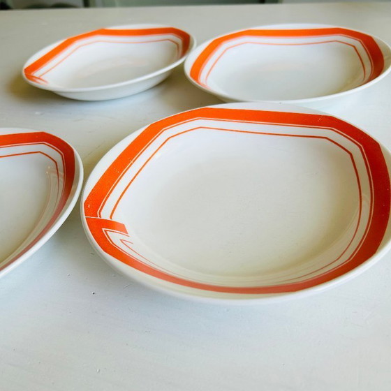Image 1 of Set di 4 piatti fondi vintage, Rivanel Francia, decoro arancione, anni '70 