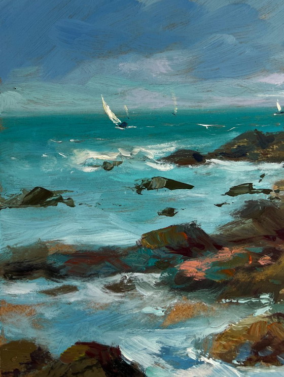 Image 1 of Original Oil Painting Coastal Rock Landscape Sailboats in the distance sea