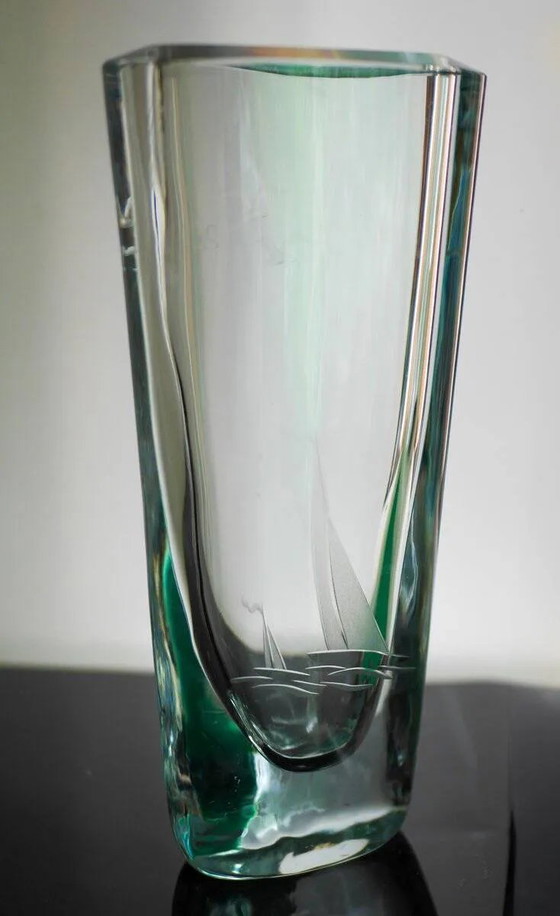 Image 1 of Etched glass vase with nautical theme from Strömbergshyttan, Sweden