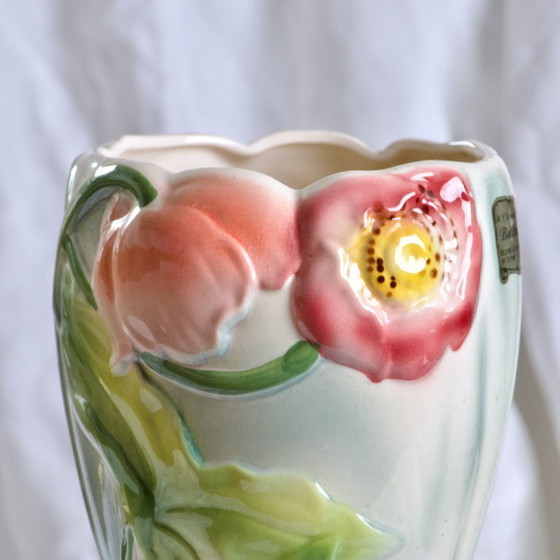 Image 1 of Large Antique Vase signed St Clément in Barbotine "Anemones"