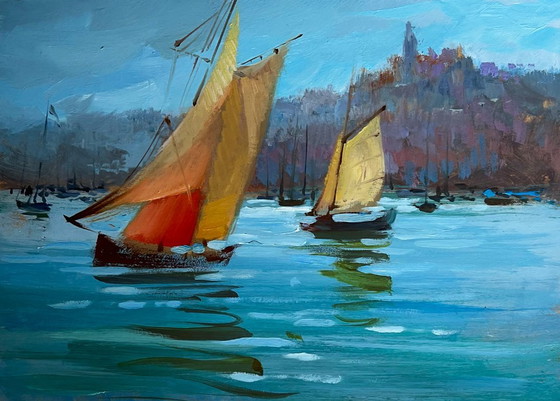 Image 1 of Peinture à l'huile originale, paysage urbain estival, vacances à la voile