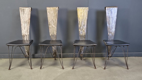 Image 1 of Handgemaakte eethoek van staal en steen, jaren 70 - vintage eethoek - handgemaakte eethoek - postmoderne eettafel en stoelen