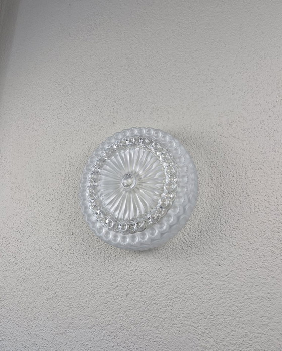 Vintage Pressed Glass Flush Mount Ceiling Light, Mid-Century Style, 2x E27, 29.5 cm, Ceramic, Transparent (photo 13 of 19)