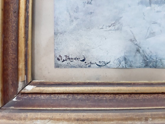 Image 1 of Stampa antica in legno con cornice, cavalli in inverno