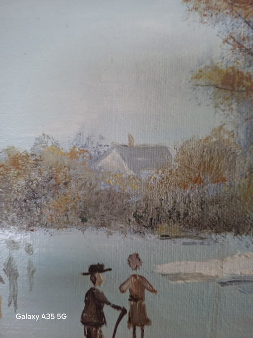 Oud olieverfschilderij, winterlandschap / schaatsers, gesigneerd Hoffmann, met lijst.