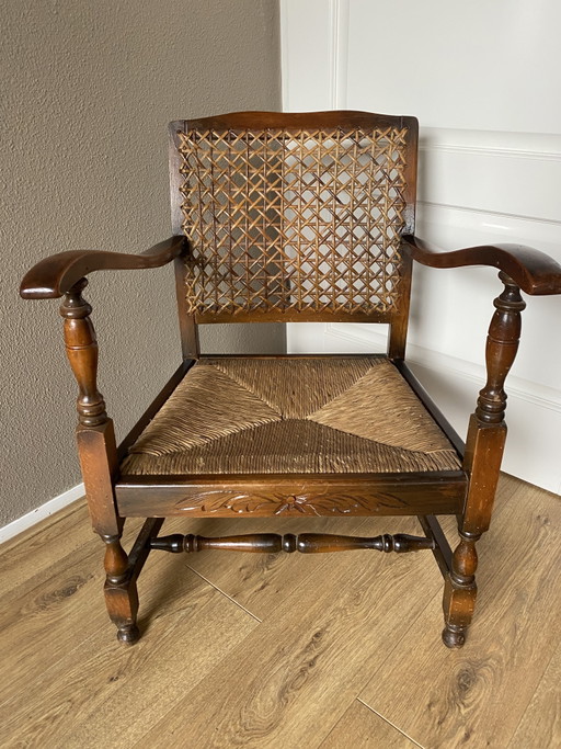 Antieke Houten Stoel Gemat Met Webbing