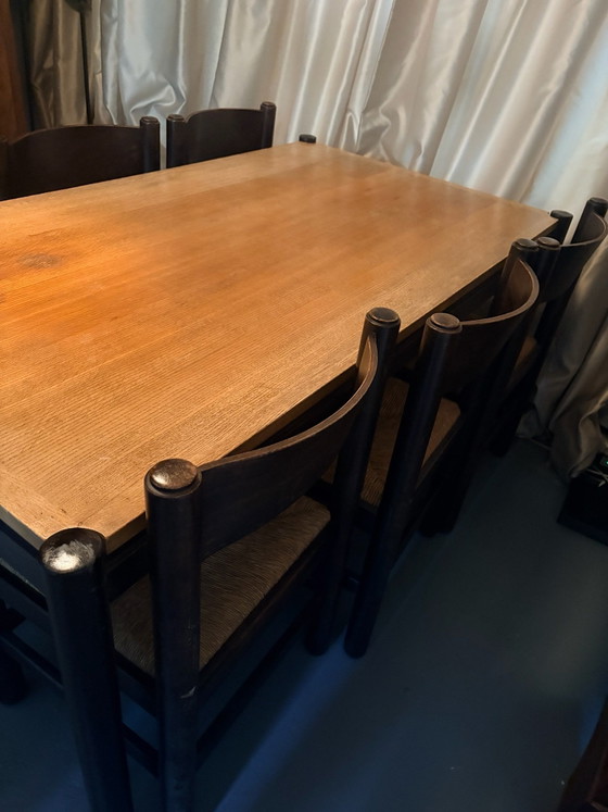 Tavolo da pranzo con 6 sedie anni '70, Cassina, Sedie da pranzo, Legno, Vimini, Marrone (foto 6 di 8)
