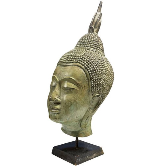 Antiek Thais Bronzen Boeddha Hoofd met Voetstuk 39 cm – Beeldhouwkunst, Wood (photo 7 of 7)