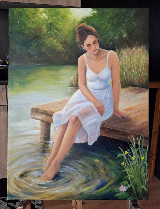 David KANDELAKI - Woman sitting on the pier - Artist's Painting, Paintings & Drawings, Canvas, Other, Green (photo 2 of 11)