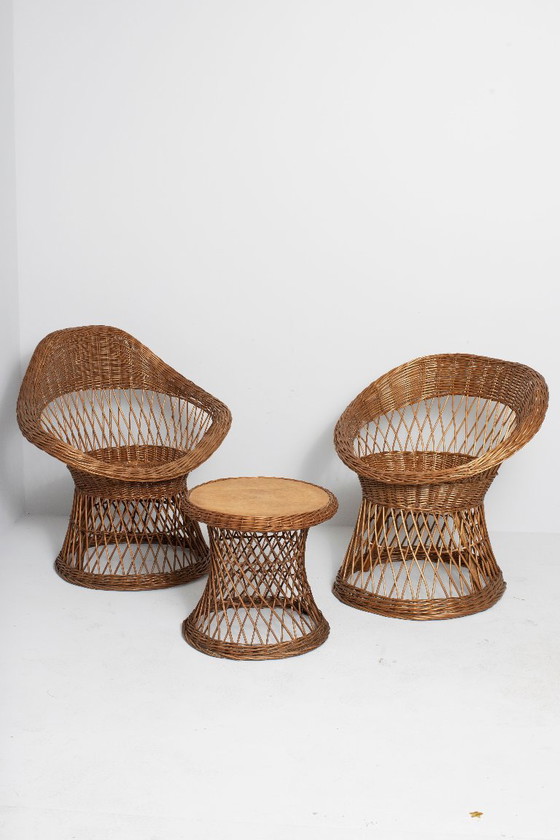 Vintage rotan lounge set – 2 fauteuils + bijzettafel – jaren 60/70 – Wicker (photo 4 of 5)