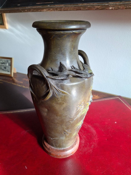 Image 1 of Pair of Art Nouveau spelter vases with triple patina, signed Louis and François Moreau