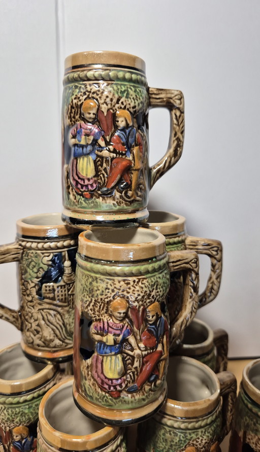 Vintage Ceramic Beer Mug Set, Probably German Origin