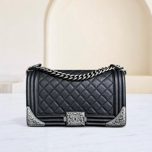 Chanel Boy Medium - 25CM Paris-Dallas Metal Edge Grained Calfskin Black Silver Hardware Series 19