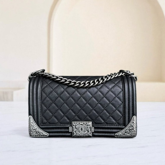 Image 1 of Chanel Boy Medium - 25CM Paris-Dallas Metal Edge Grained Calfskin Black Silver Hardware Series 19
