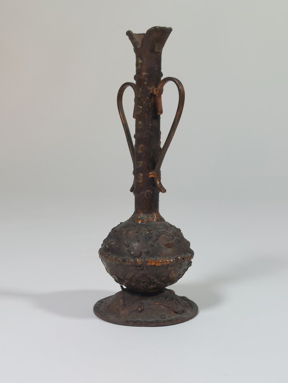 Image 1 of Brutalist vintage mid-century copper handled vase, vase melts
