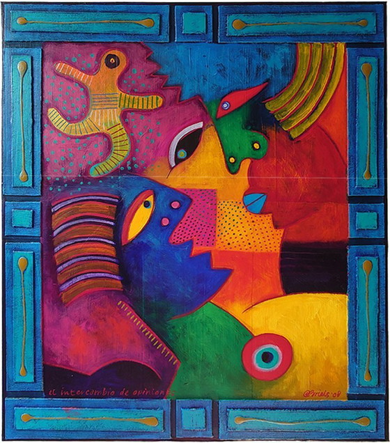 Image 1 of Origineel Schilderij Clemens Briels: "El Intercambio de Opiniones" (2008) - Gesigneerd & Certificaat!