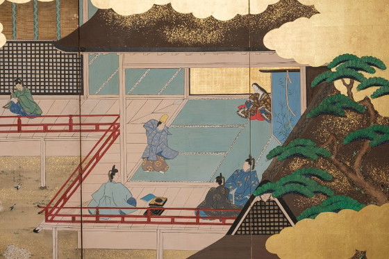 Image 1 of Antico paravento giapponese a sei pannelli con raffigurazione della storia di Genji.