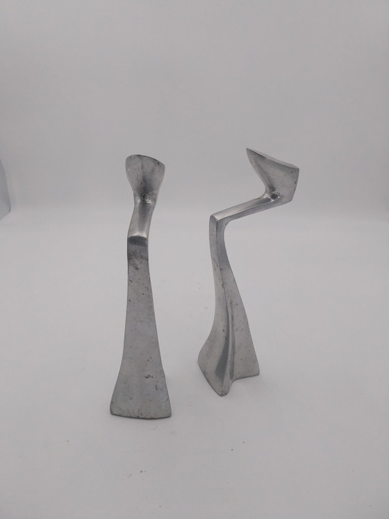 2 x set of 2 Mathew Hilton aluminum "swan" candle holders 1980's, Aluminium, Silver (photo 2 of 5)