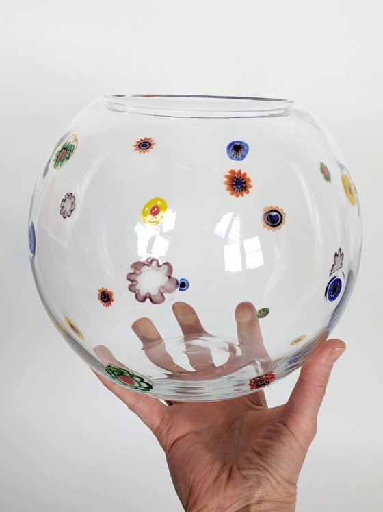 Image 1 of 1990s Leonardo Millefiori Ball Glass Vase, German Art Glass Murano Style Floral Inclusions