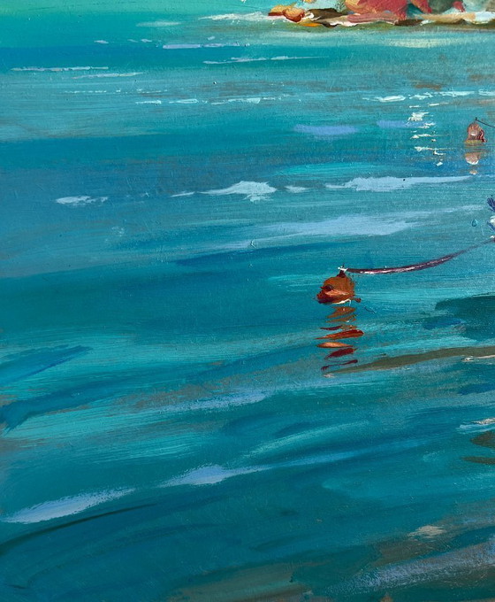Image 1 of Original Oil Painting Summer Coastal Landscape Boats and lighthouse