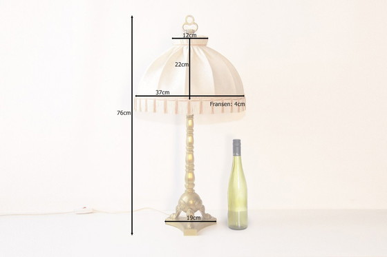 Image 1 of Tafellamp massief messing franjes 76cm jaren 1970 vintage