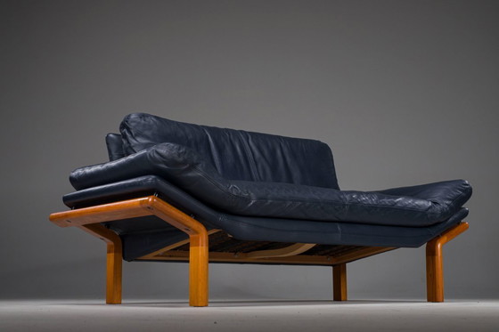 Image 1 of Danish Teak and Navy Blue Leather 2-Seater Sofa from Komfort, 1970s