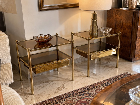Pair of Italian Brass & Smoked Glass Bedside Tables with Drawers – 1970s – Comodini, Wood (photo 2 of 15)
