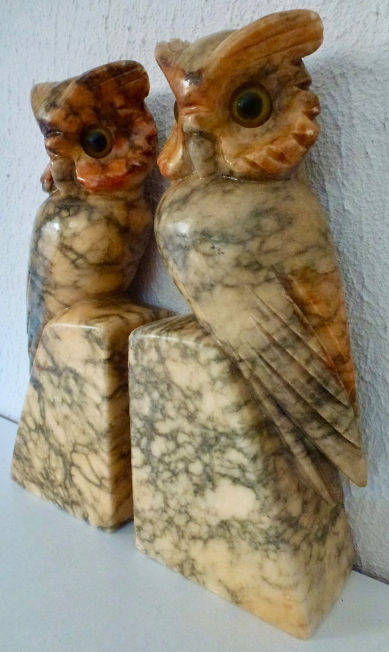 Image 1 of Art Deco Bookends Alabaster Owls, Italy.