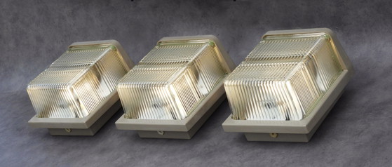 Vintage Industrial Holophane Wall Light, c.1950s France - 3 available, Glass, Metal, Taupe (photo 4 of 13)