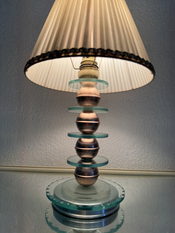 Image 1 of Kleine Art Deco glazen en koperen Bauhaus lamp