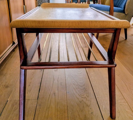 Mid-century Coffee table with curved top and magazine rack, Merk onbekend, Metal, Wood, Brown (photo 2 of 5)