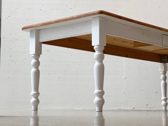 Image 1 of Large country-style dining table, solid wood, white painted, 1980s