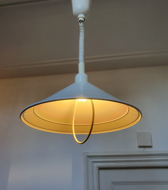 Image 1 of Lampada a sospensione vintage in metallo bianco con interruttore a cordicella