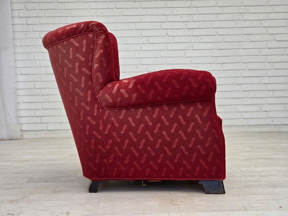 Image 1 of Fauteuil relax danois des années 1950, laine rouge pour meubles, bois de chêne.
