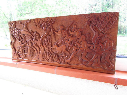 Panneau Bas Relief en Bois Sculpté, Afrique, 1970s