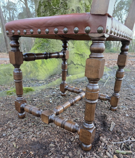 Image 1 of Set 4 vintage leren eetkamerstoelen eiken