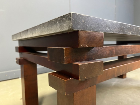 Image 1 of Vintage salontafel met houten en stenen blad, jaren 70