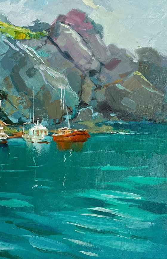 Image 1 of Original Oil Painting Rock Landscape The sea washes the mountains