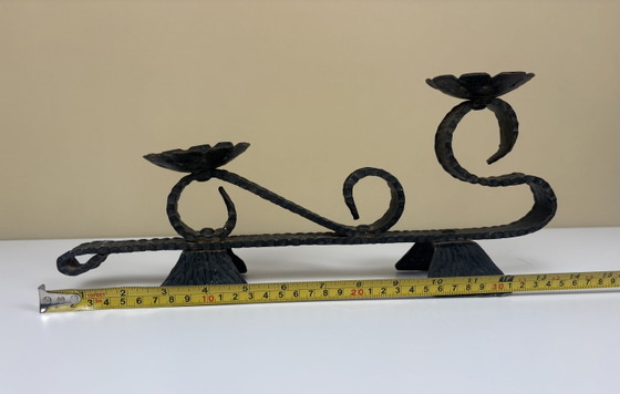 Image 1 of Brutalist forged black iron handmade Scandinavian Viking boat candlestick
