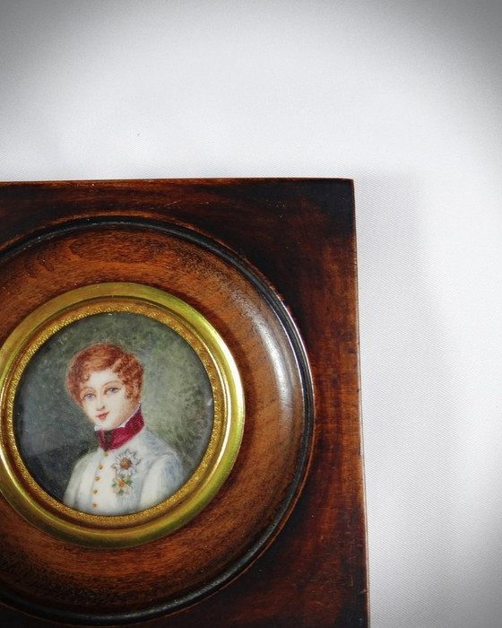 Image 1 of Ritratto miniatura Tondo Napoleone II ufficiale dipinto a mano a guazzo XIX secolo