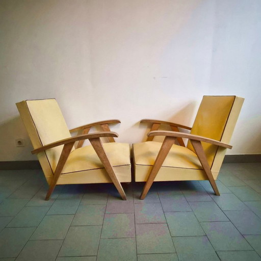 Pair of Vintage 1950s Armchairs with Compass Legs, Beech & Yellow Vinyl, 50s Rockabilly Style
