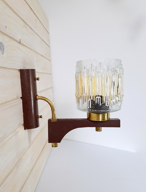 Vintage wandlamp hout, hout met glazen kap