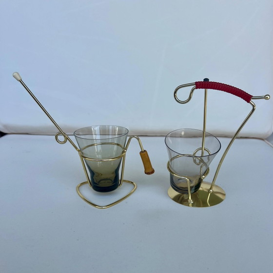 Vintage Pretzel Stick Holder Set Smoked Glass Gold Metal Mid Century Cocktail Snack Server Atomic Barware (photo 3 of 7)