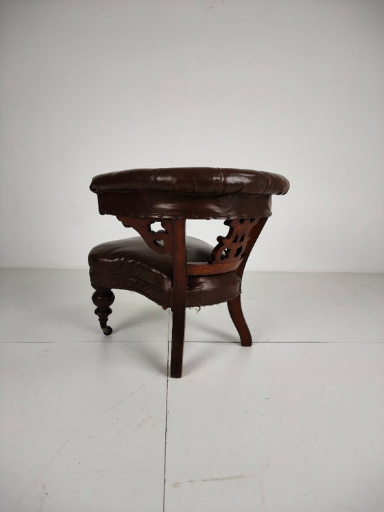 Antique Leather Armchair by Robson & Son – Carved Wood & Castors, Newcastle (photo 9 of 11)