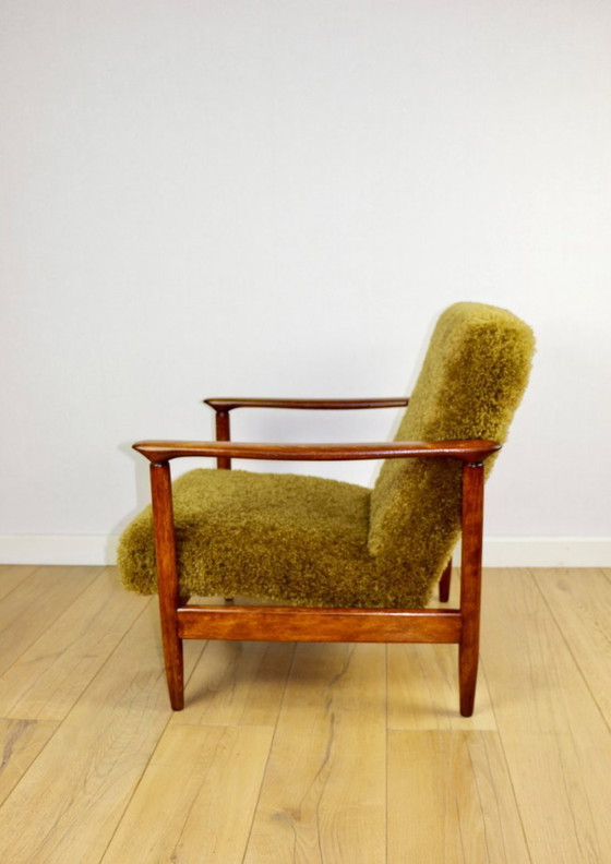 Image 1 of GFM-142 armchair designed by Edmund Homa from the 70s, ginger - high pile khaki / olive - 2 pieces available