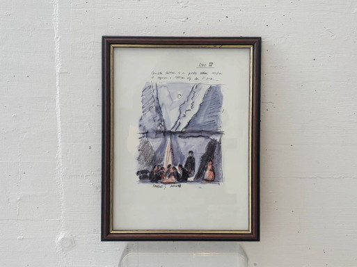 Framed original artwork with figurative scene and handwritten notes, 1980s