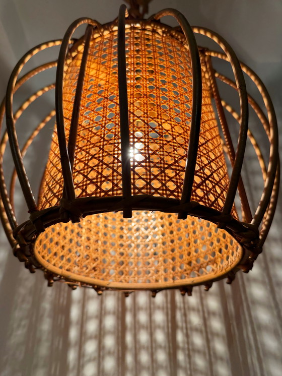 Image 1 of 1960s rattan, bamboo, and cane pendant light