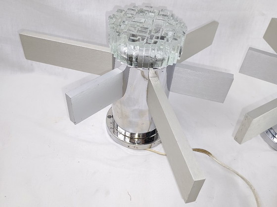 Image 1 of Pair Mid Century Italian Chrome & Glass Wall Sconces 1960s Space Age Sciolari
